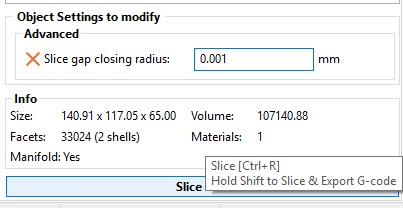 Once changing the closing radius, slice the model again as shown